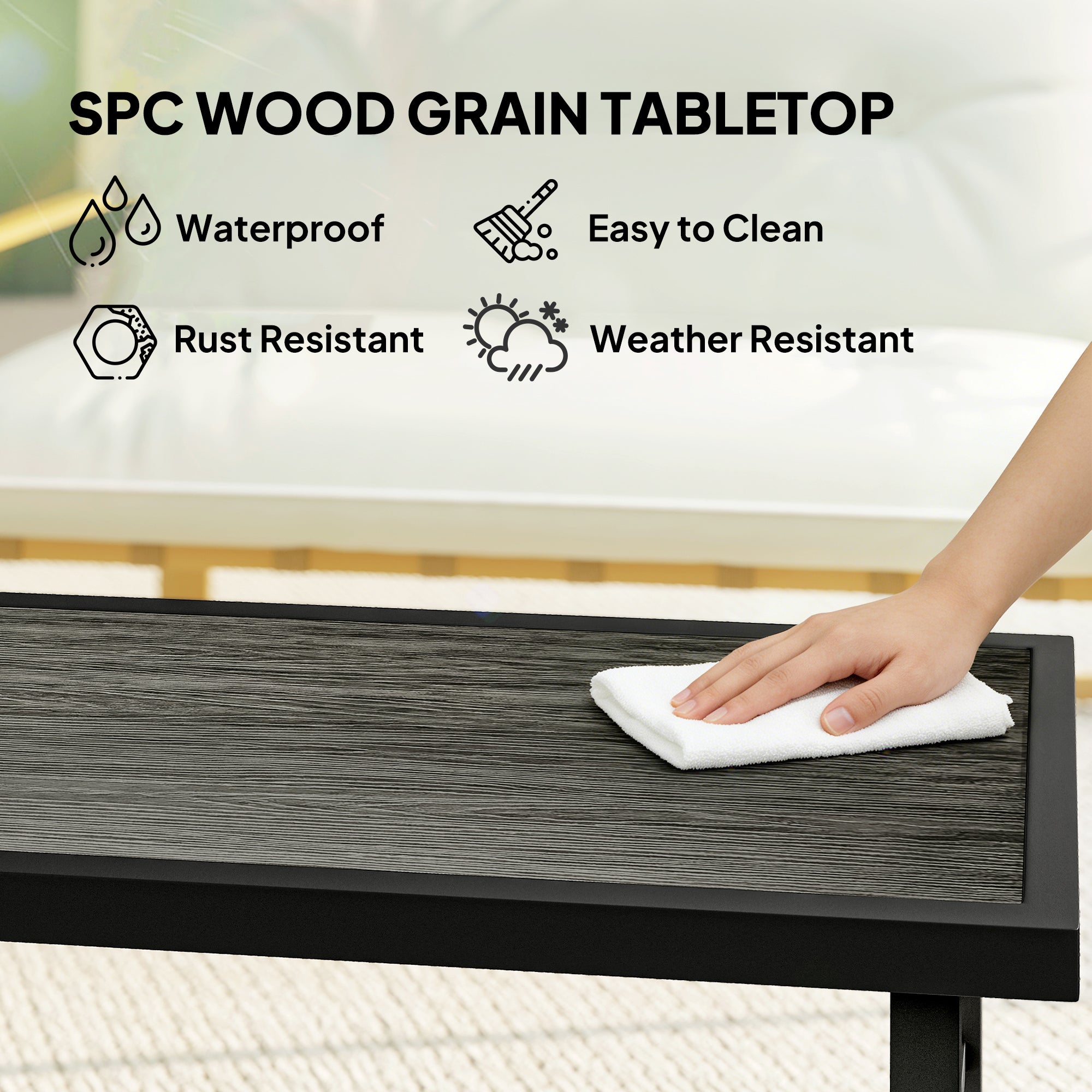 Outsunny Metal Garden Coffee Table, Outdoor Side Table with SPC Woodgrain Tabletop for Outside, 100 x 52 x 46cm, Dark Grey