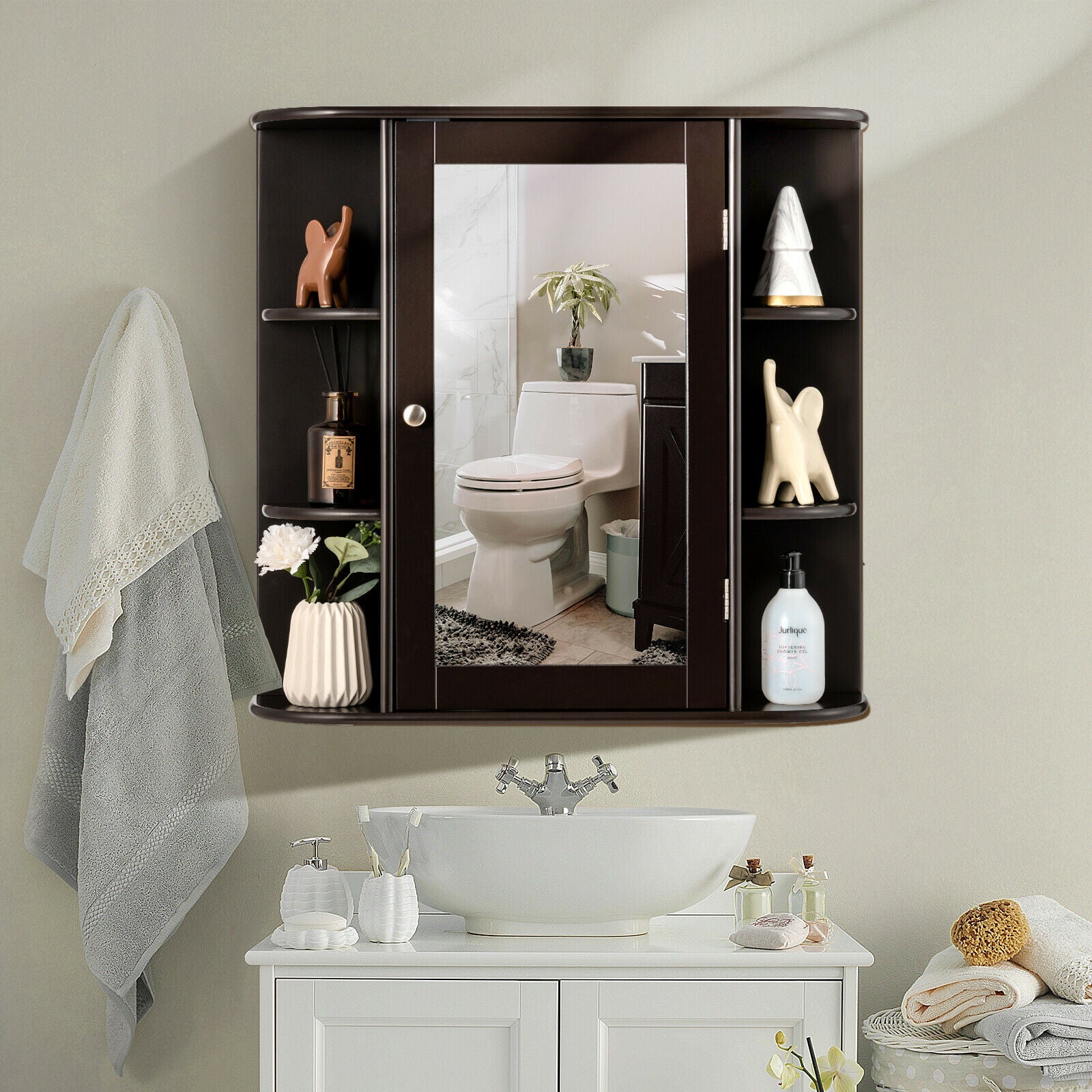 3-Tier Mirrored Wall Mounted Bathroom Cabinet-Brown