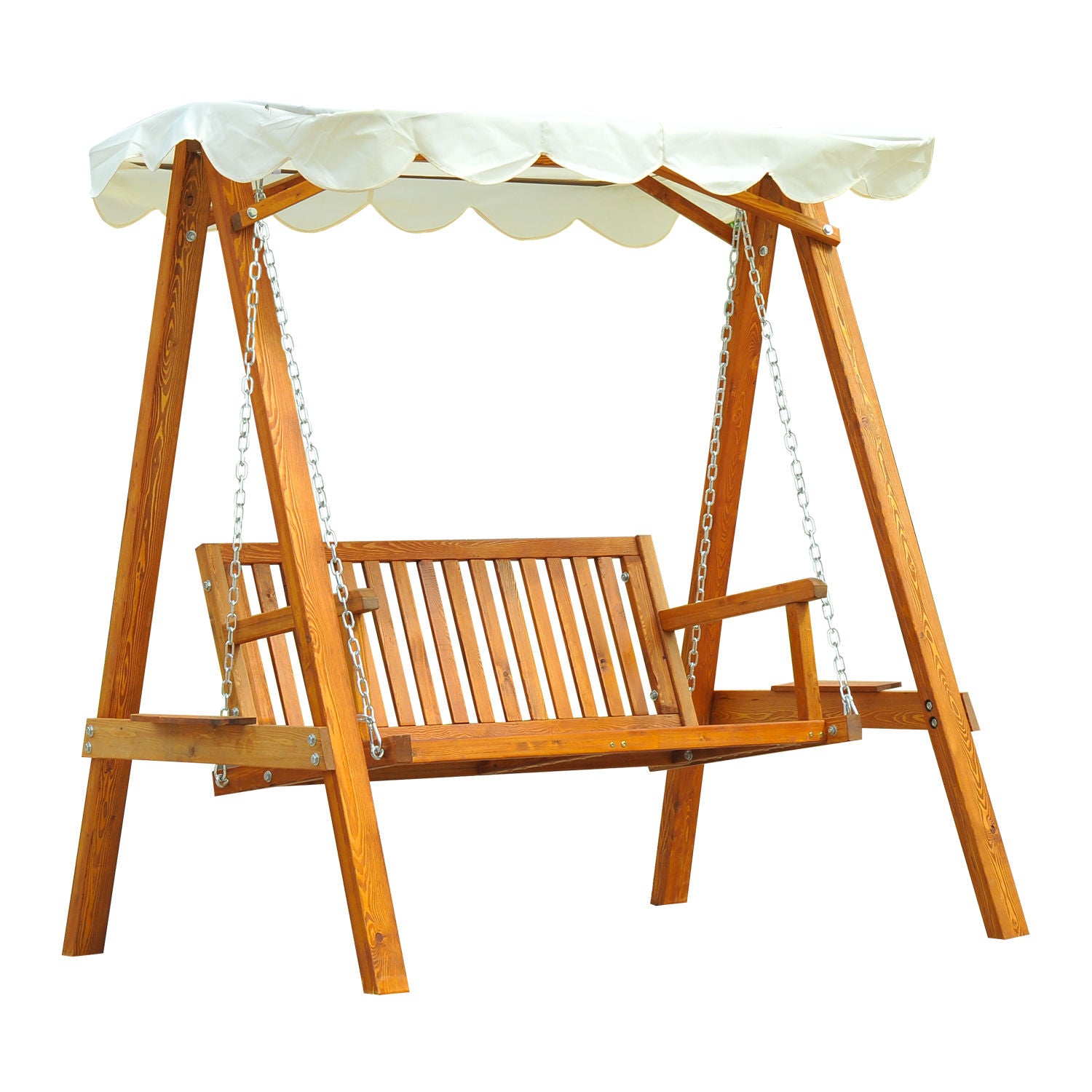 Outsunny 2 Seater Garden Swing Seat with Canopy, Wooden Swing Chair, Outdoor Hammock Bench for Balcony Patio Porch, Cream White