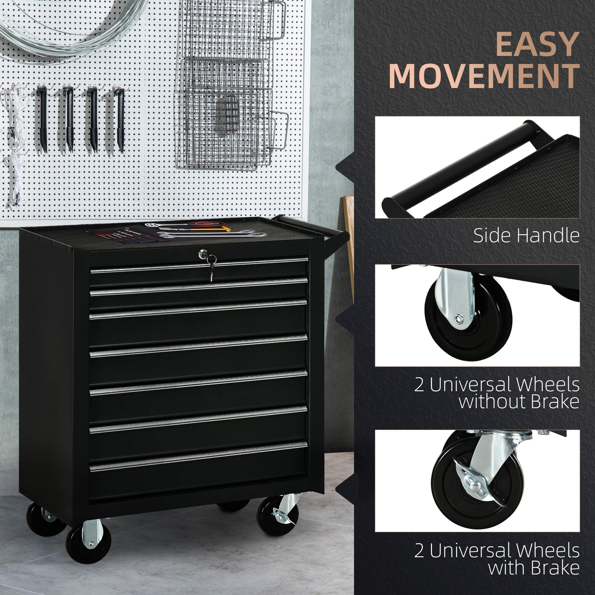 DURHAND 7-Drawer Rolling Tool Chest on Wheels, Lockable Tool Cabinet with Side Handle, Metal Tool Box Trolley for Garage, Workshop, Matte Black