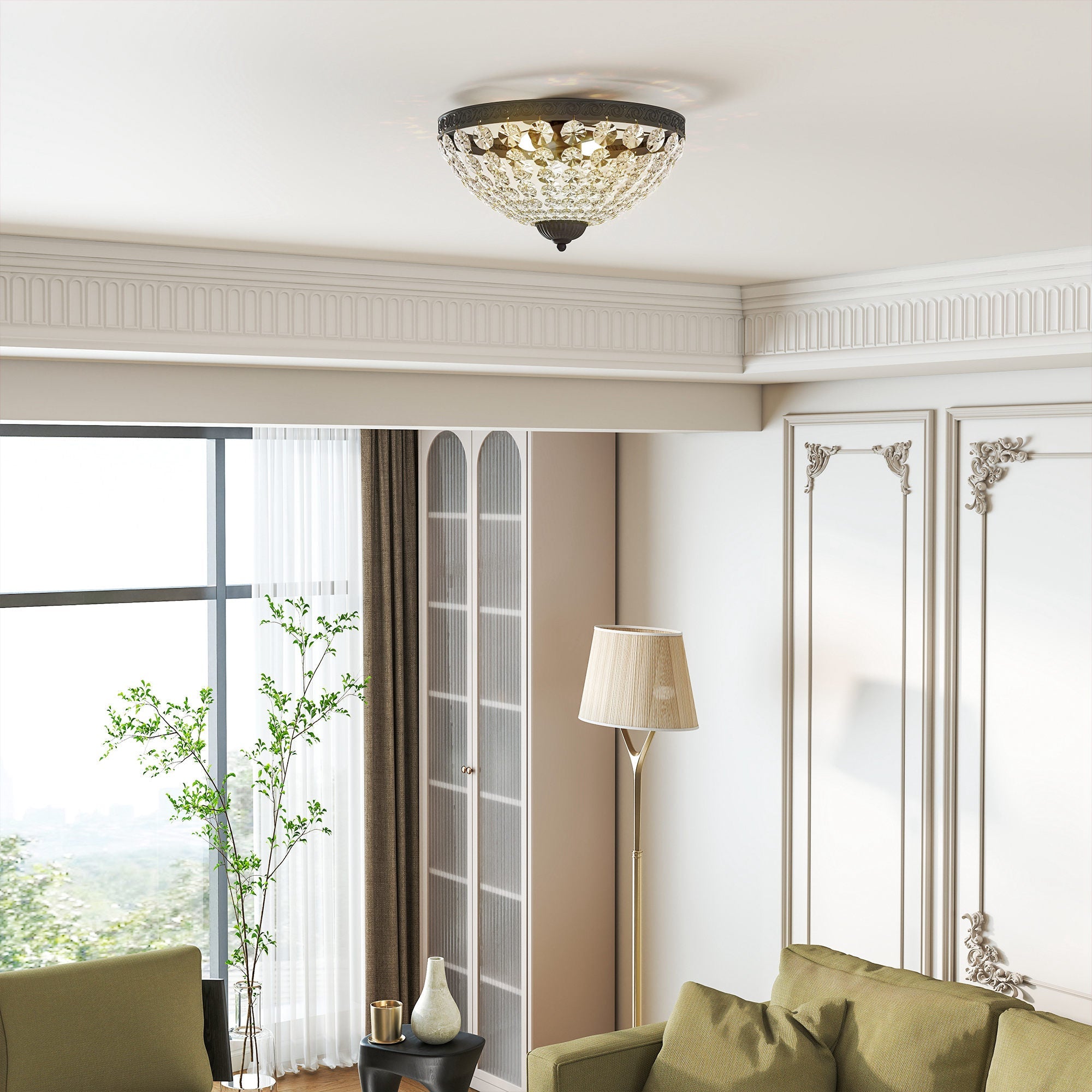 HOMCOM Crystal Chandelier Ceiling Light with 168 Octagonal Beads, Vintage 2-Light Flush Mount Ceiling Light for Living Room, Bedroom, Hallway, Dining Room, Black