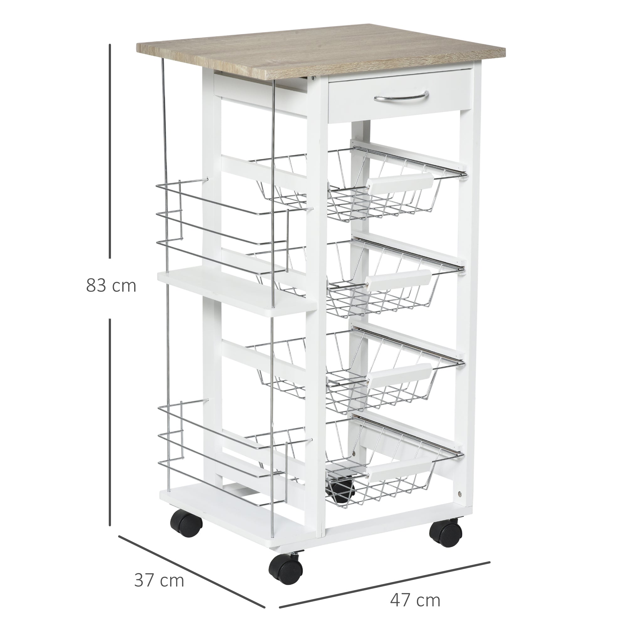HOMCOM Rolling Kitchen Cart, Utility Storage Cart with 4 Basket Drawers & Side Racks, Wheels for Dining Room, Natural and White