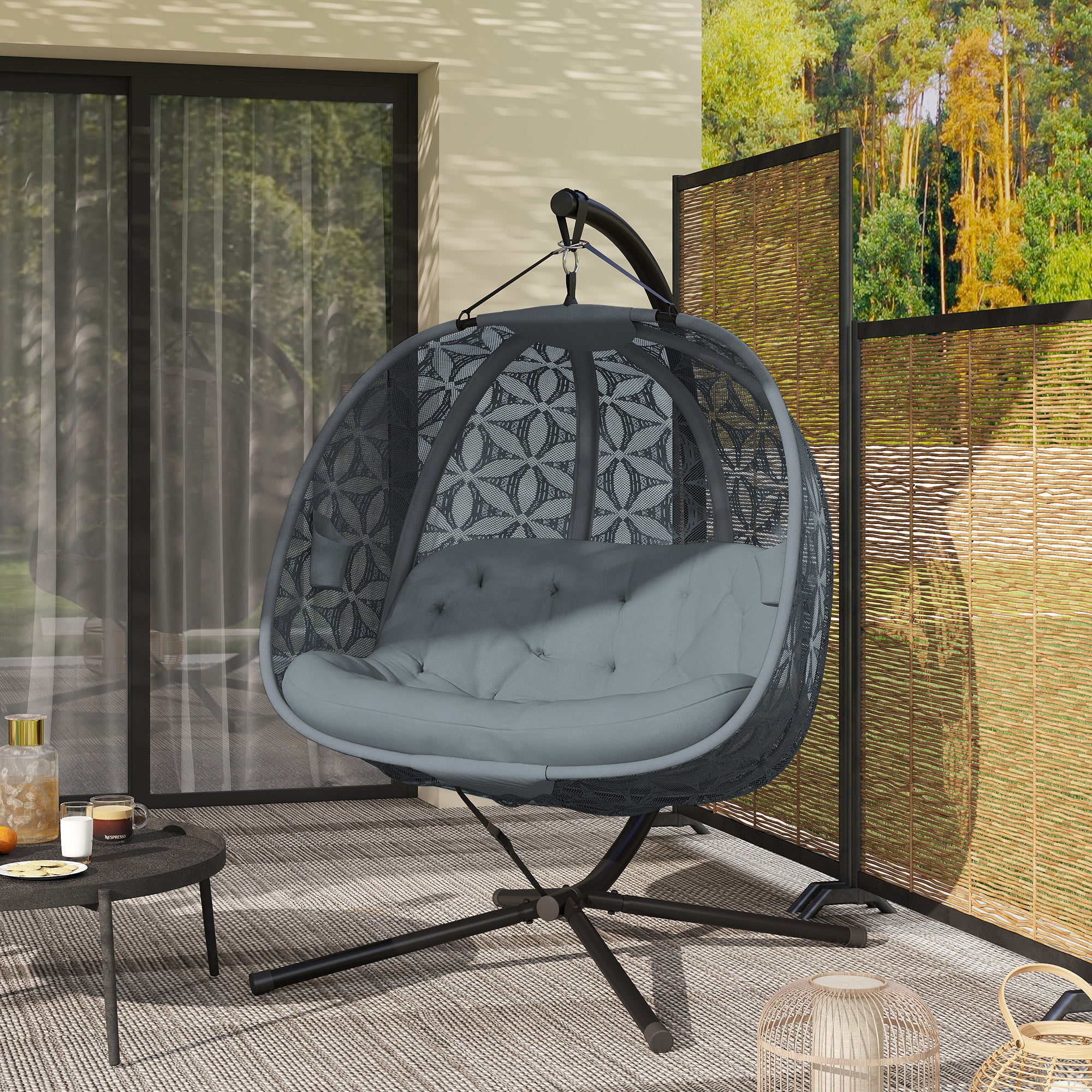 Outsunny Outdoor Double Hanging Chair with Cushion and Cup Holders, Charcoal Grey