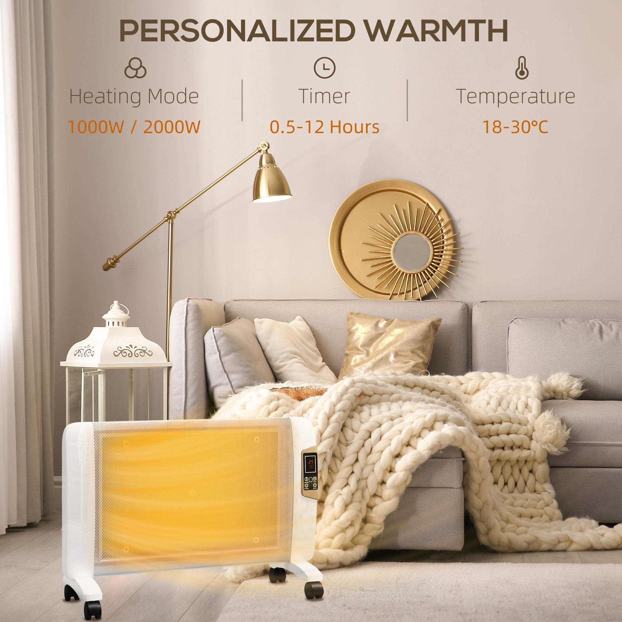 HOMCOM Mica Electric Space Heater, Portable Heater for Home with 2 Heat Settings, Living Room, Study, Garage, Adjustable Temperature 18-30√Ç¬∞C, 1000W/2000W, White