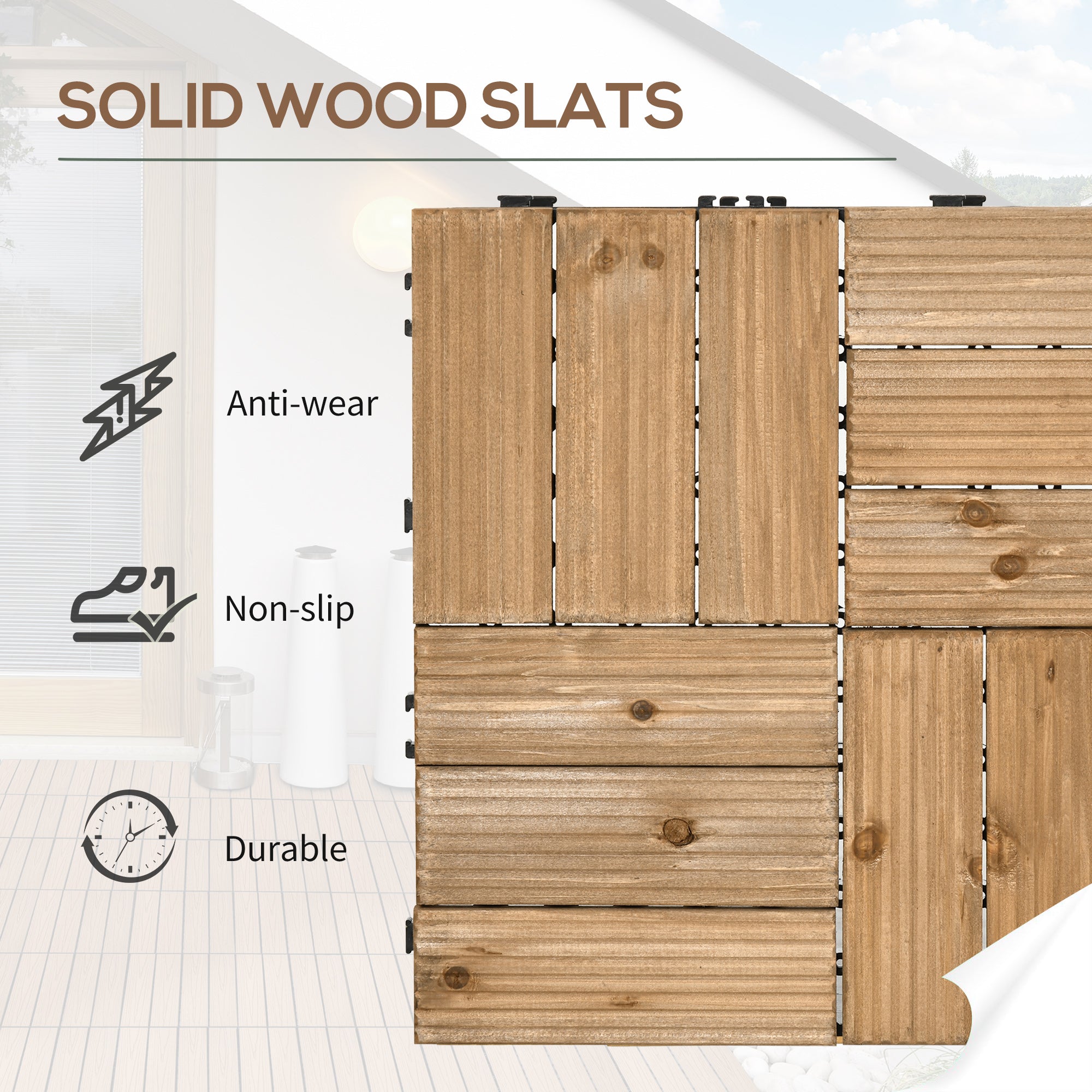 Outsunny 27 Pcs Wooden Interlocking Decking Tiles, Outdoor Flooring Tiles for Patio, Balcony, Terrace, Hot Tub, 30 x 30 cm per Piece, 2.5√£≈Ω¬° per Pack, Brown