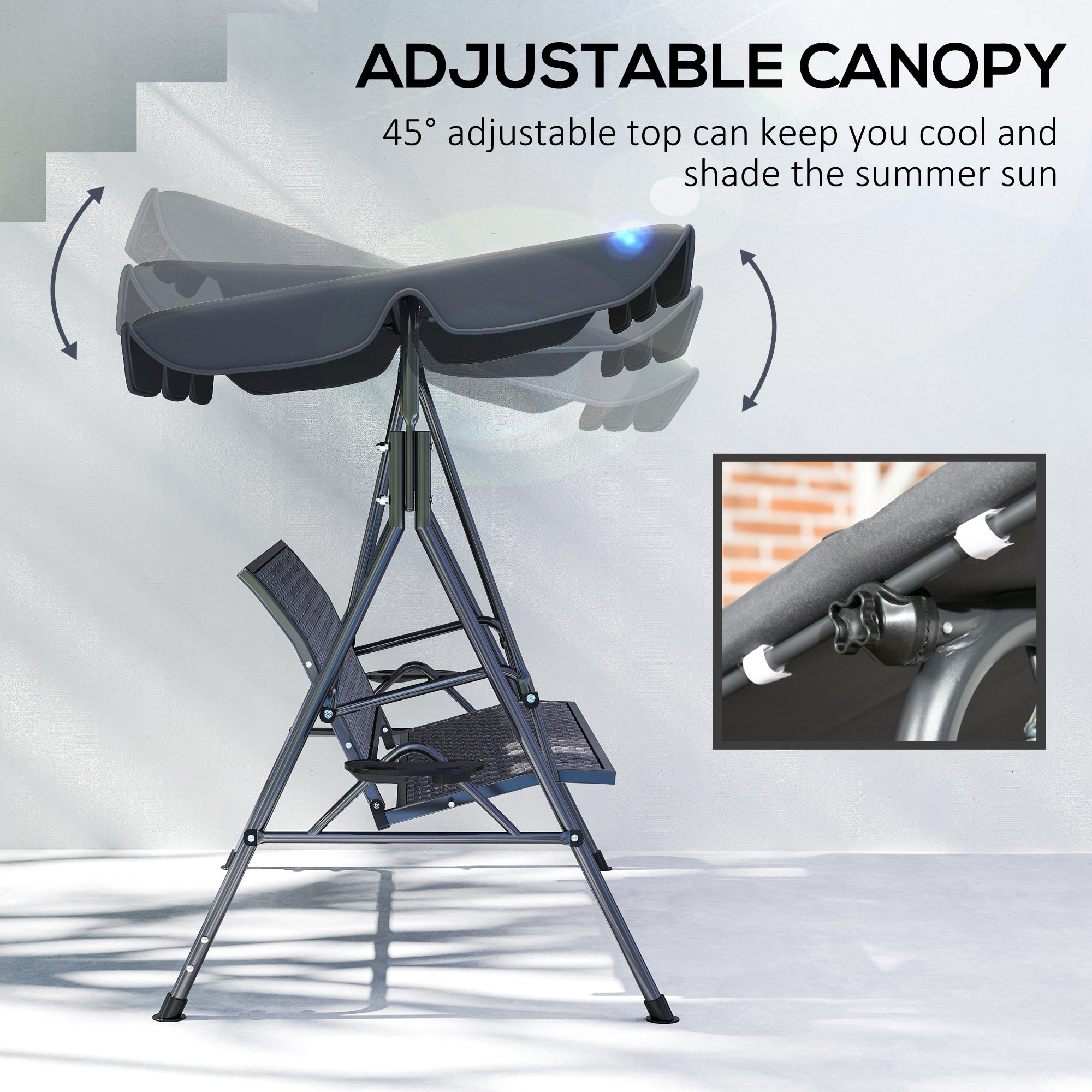 Outsunny 3 Seater Swing Chair, Garden Swing Seat Bench with Adjustable Canopy, Rattan Seat and Steel Frame for Patio, Yard, Grey