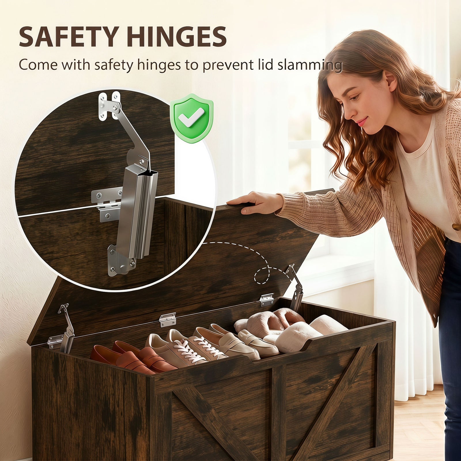 HOMCOM 127L Home Storage Box, with Safety Hinges - Rustic Brown Wood-Effect