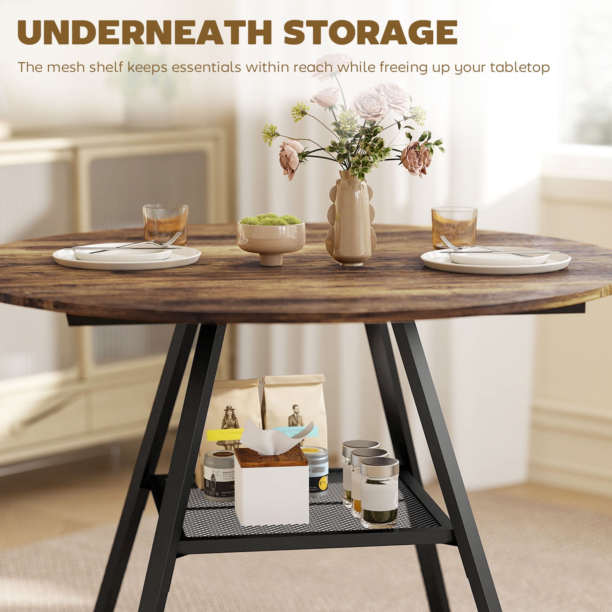 HOMCOM Dining Table for 4 People, 100 cm Round Industrial Kitchen Table with Storage Shelf, Rustic Brown