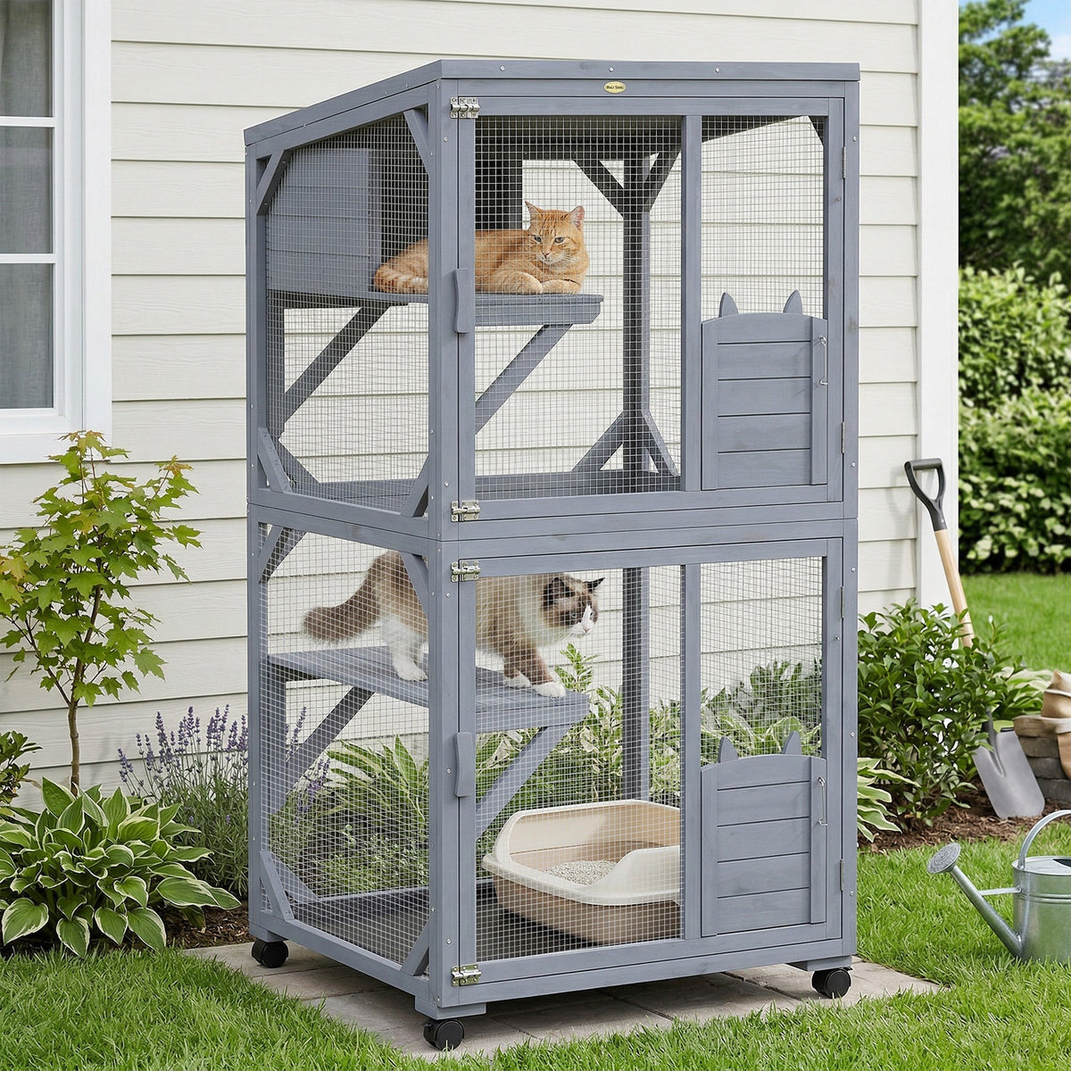 PawHut Movable Outdoor Catio with Resting Box, 3 Jumping Platforms, Waterproof Asphalt Roof for Outdoor Indoor