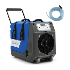 85L/Day Commercial Dehumidifier with Pump and 24H Timer in blue and grey with wheels and a handle