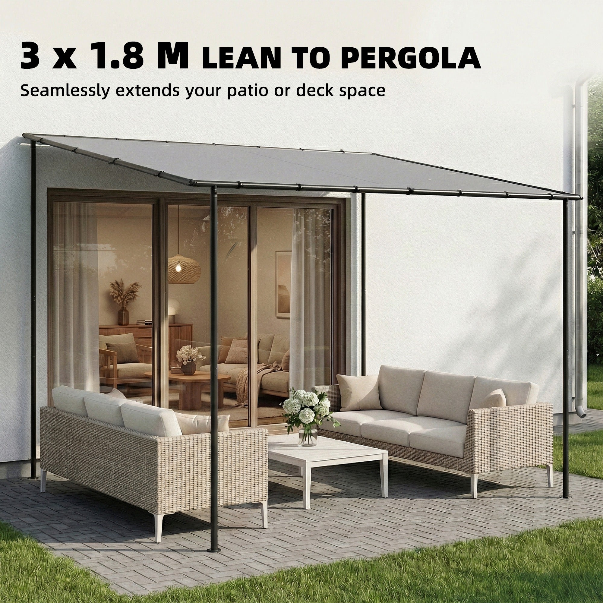 Outsunny 3 x 2 m Lean to Garden Pergola, Metal Frame Gazebo Pergola with UPF30+ Protection, Sloped Roof, Drainage Holes, Grey