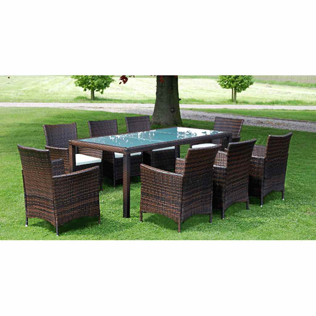 9 Piece Outdoor Dining Set with Cushions Poly Rattan Brown 8x chair + table (glass top) 190 x 90 cm