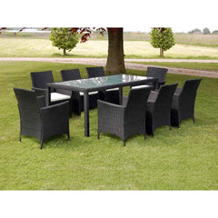 9 Piece Outdoor Dining Set with Cushions Poly Rattan Black 8x chair + table (glass top) 190 x 90 cm