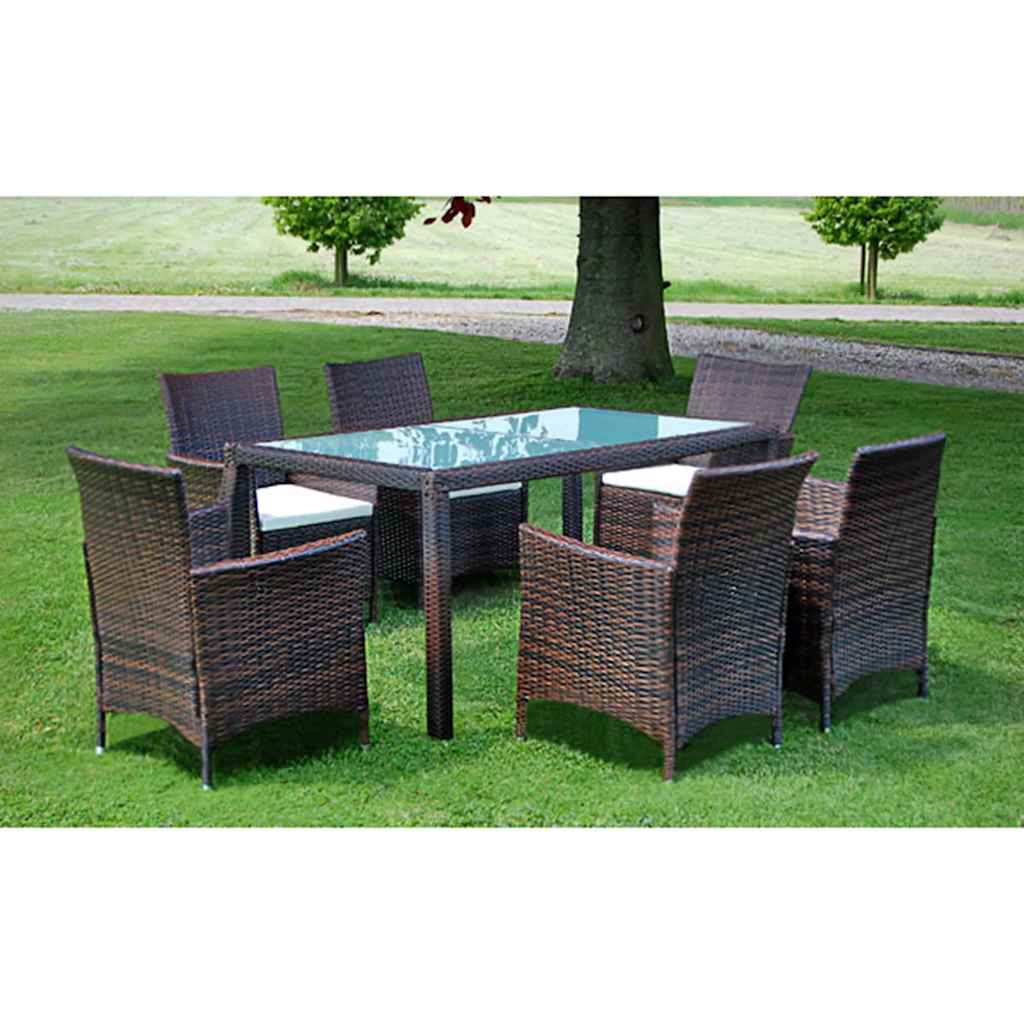 9 Piece Outdoor Dining Set with Cushions Poly Rattan Brown 6x chair + table (glass top) 150 x 90 cm