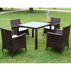 9 Piece Outdoor Dining Set with Cushions Poly Rattan Brown 4x chair + table (glass top) 90 x 90 cm