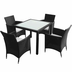 9 Piece Outdoor Dining Set with Cushions Poly Rattan Black 4x chair + table (glass top) 90 x 90 cm