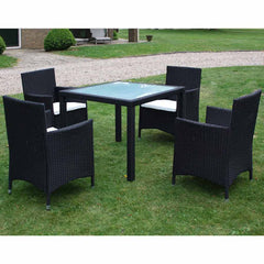 9 Piece Outdoor Dining Set with Cushions Poly Rattan Black 4x chair + table (glass top) 90 x 90 cm