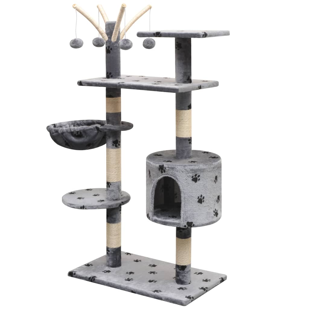 Cat Tree with Sisal Scratching Posts 125 cm Grey with paw prints 96 cm 35 cm