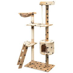 vidaXL Cat Tree | Beige with black paw prints | Plush, Sisal, Wood | Large 2