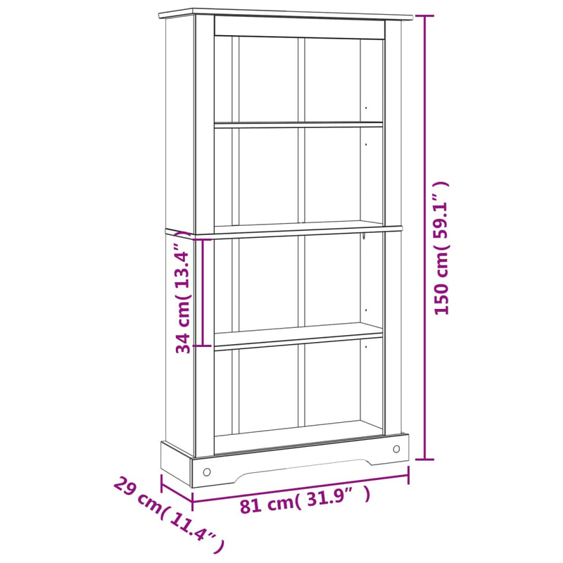 4-Tier Bookcase Mexican Pine Corona Range 81x29x150 cm