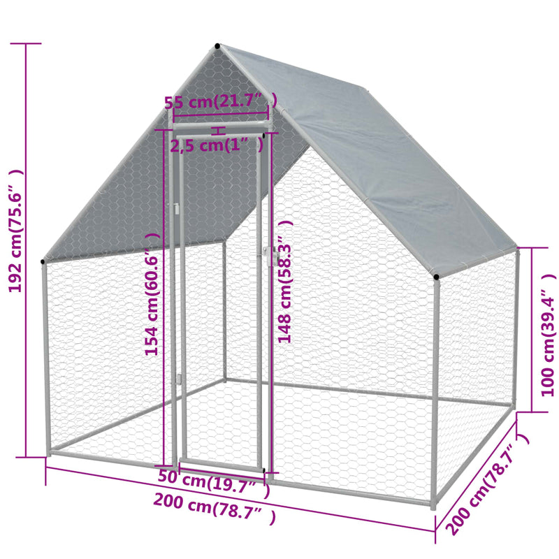 Outdoor Chicken Cage 2x2x1.92 m Galvanised Steel