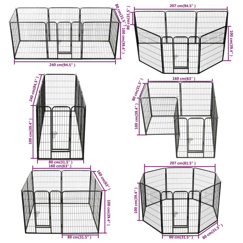 Dog Playpen 8 Panels Steel 80x100 cm Black