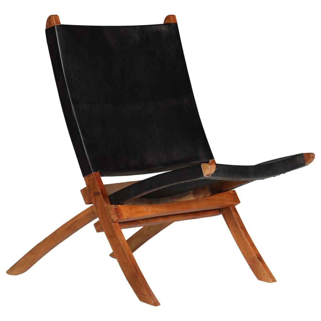 Folding Chair Real Leather Black