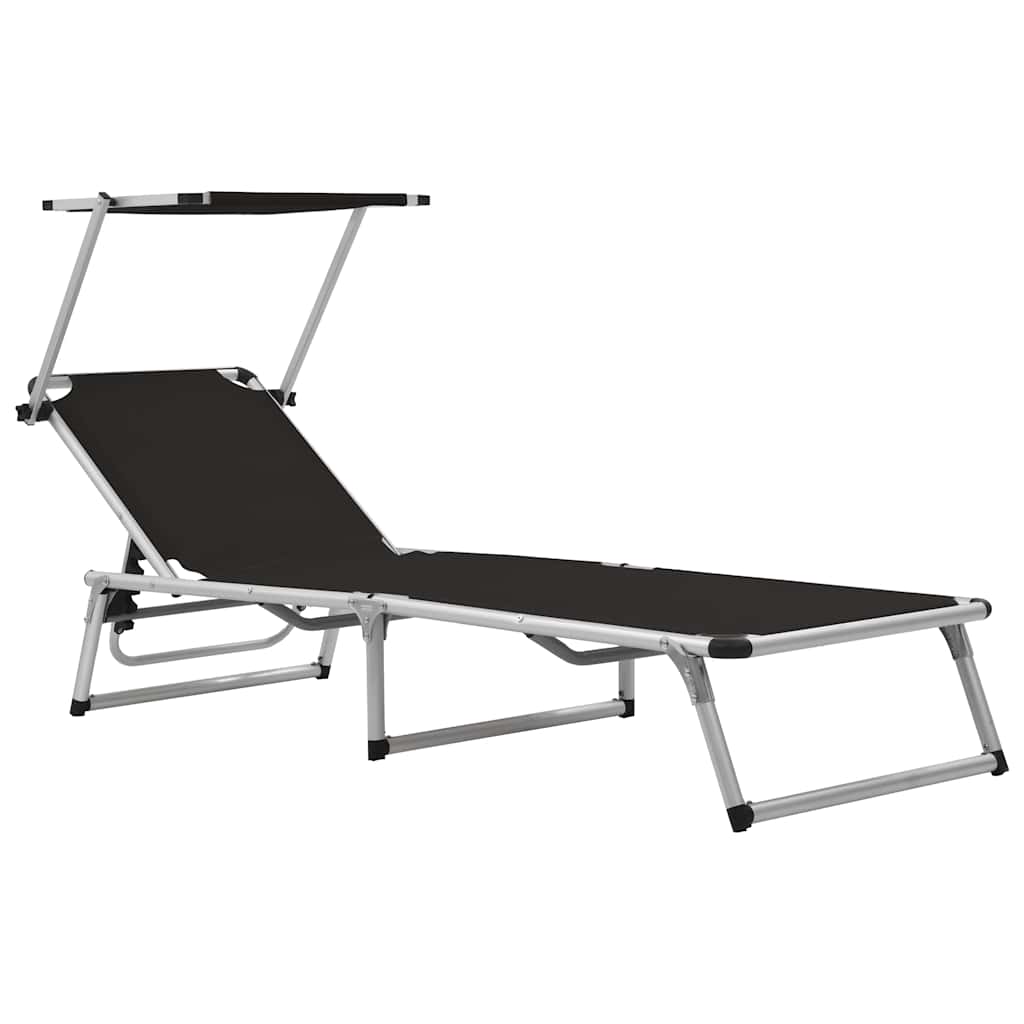 vidaXL Folding Sun Lounger with Roof Aluminium and Textilene Black 1