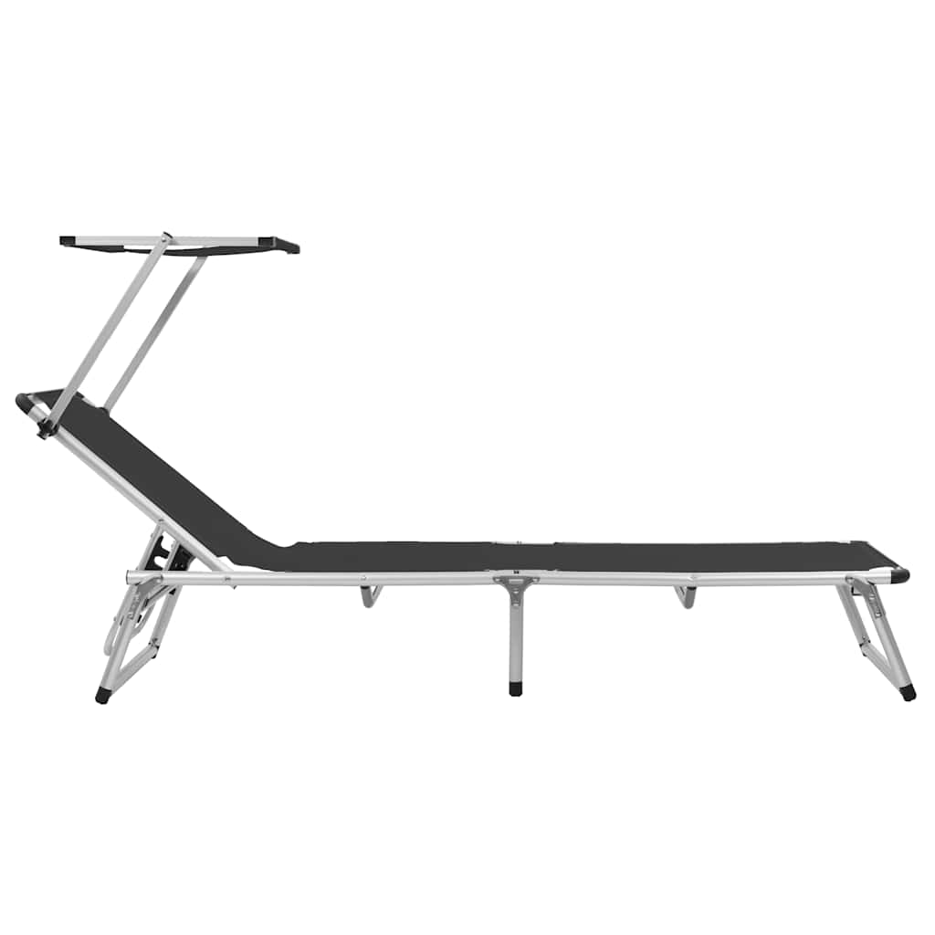 vidaXL Folding Sun Lounger with Roof Aluminium and Textilene Black 3