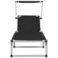 vidaXL Folding Sun Lounger with Roof Aluminium and Textilene Black 4