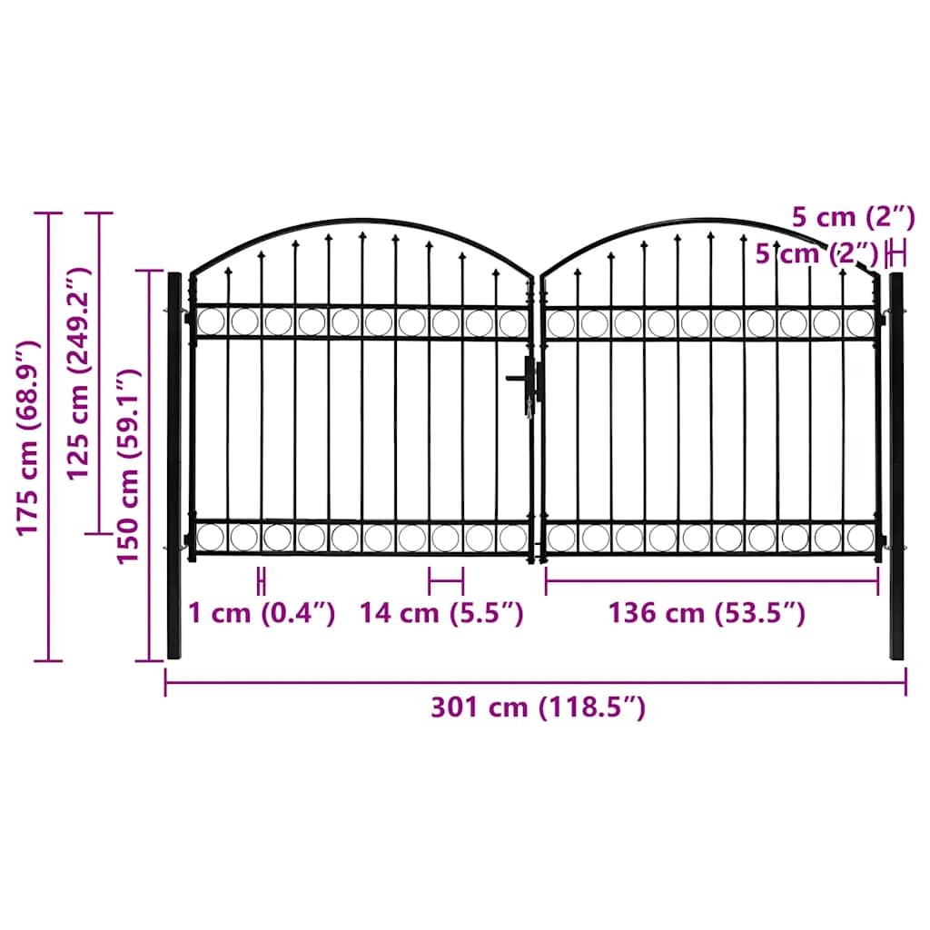 Fence Gate "ASSEN" Double Door with Arched Top Steel Black 300 cm 125 cm