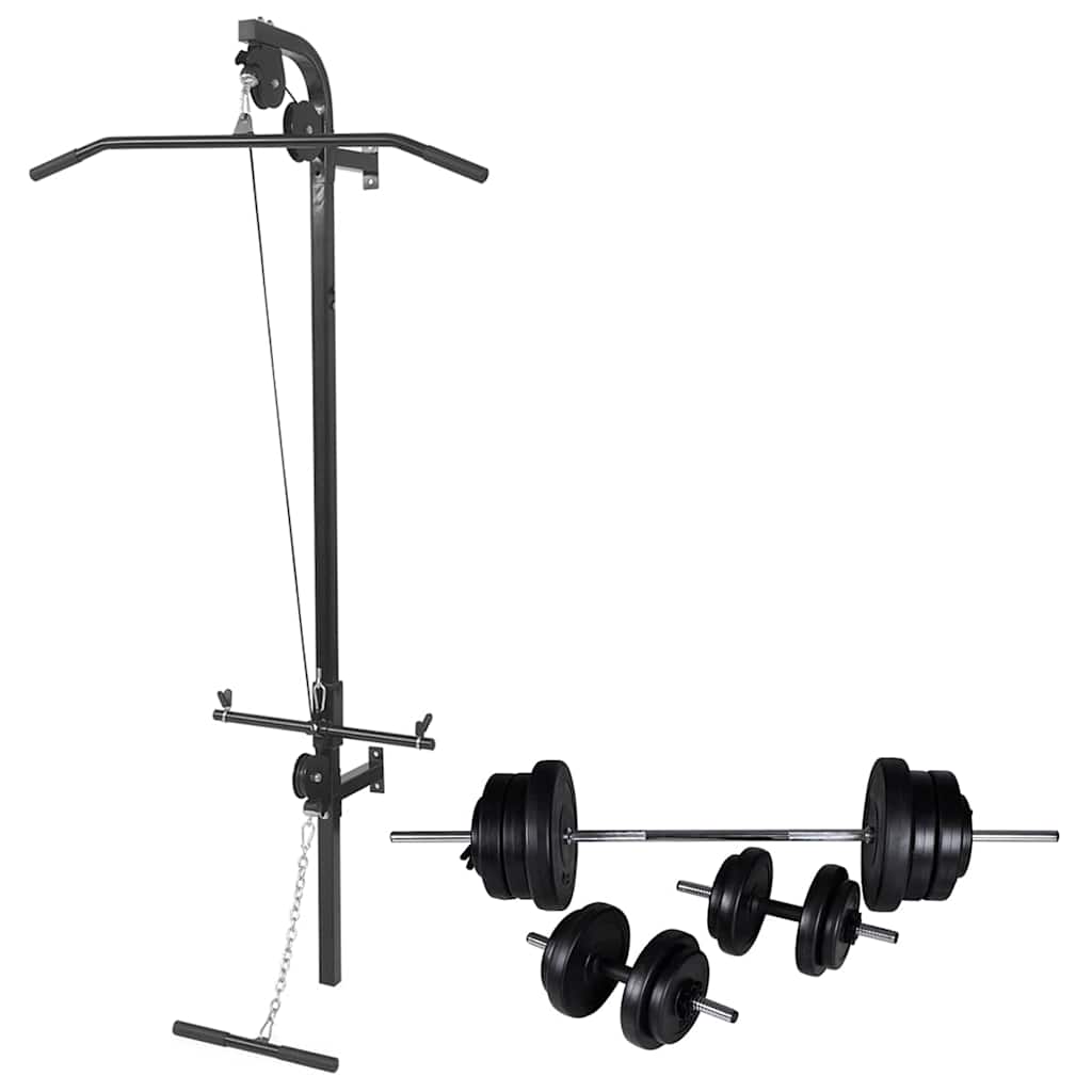 Wall-mounted Power Tower with Barbell and Dumbbell 60.5 kg