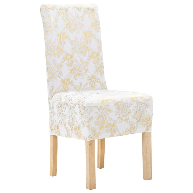 6 pcs Straight Chair Covers Stretch White with Golden Print