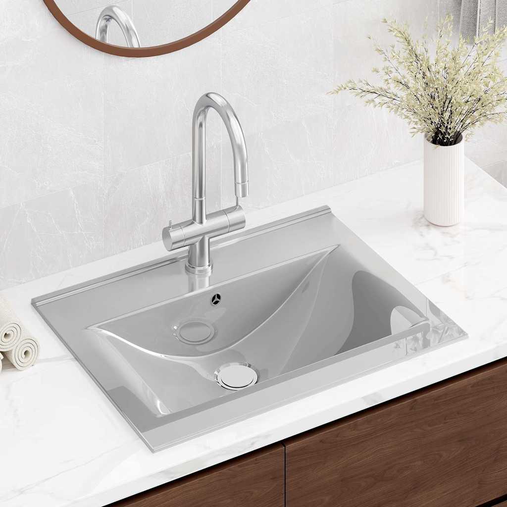 Luxury Ceramic Basin Rectangular Sink with Faucet Hole 60 x 46 cm Silver
