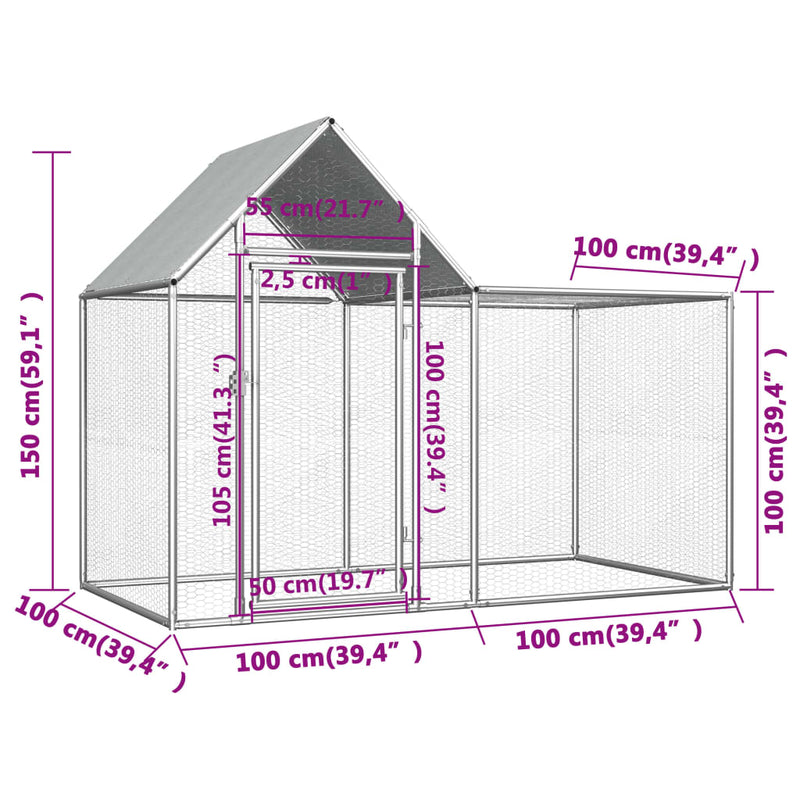 Chicken Coop 2x1x1.5 m Galvanised Steel