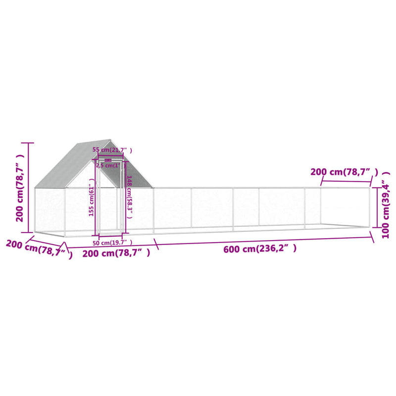 Chicken Coop 8x2x2 m Galvanised Steel