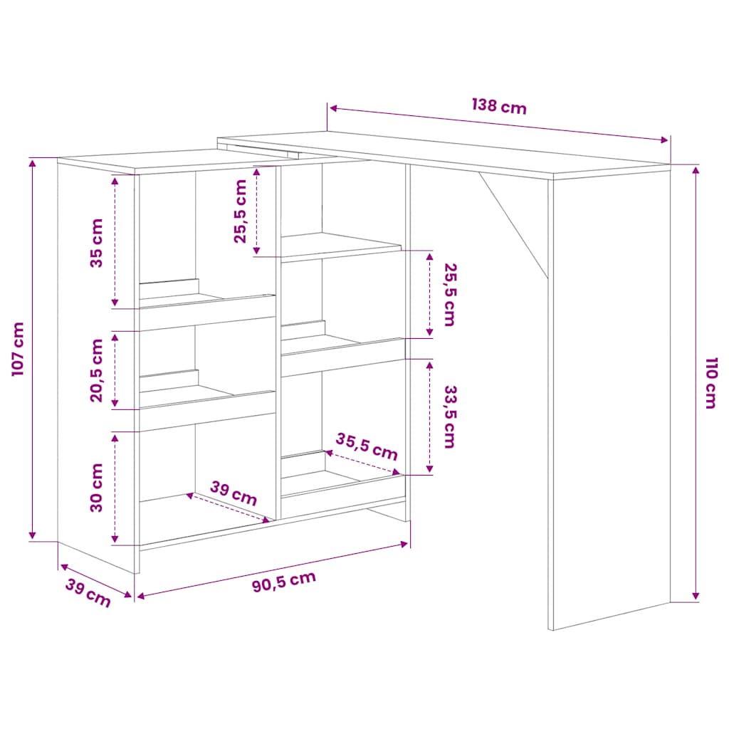 vidaXL Bar Table with Moveable Shelf White 138x39x110 cm 6