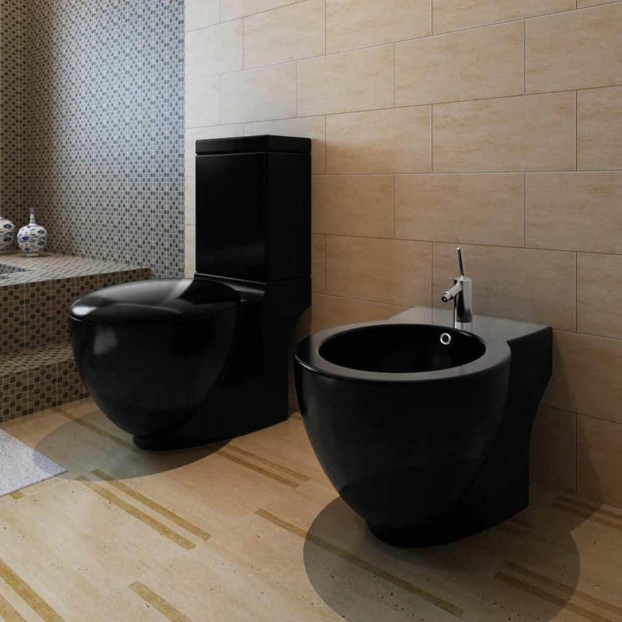 Stand Toilet & Bidet Set Black Ceramic 1