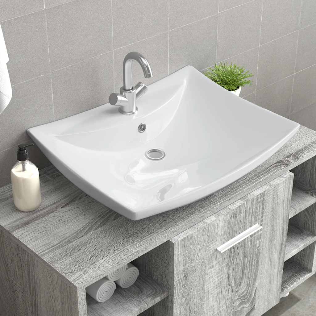 Luxury Ceramic Basin Rectangular with Overflow & Faucet Hole White
