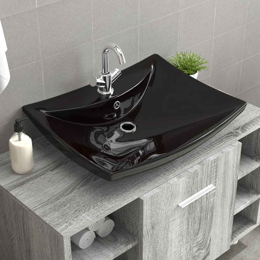 Luxury Ceramic Basin Rectangular with Overflow & Faucet Hole Black