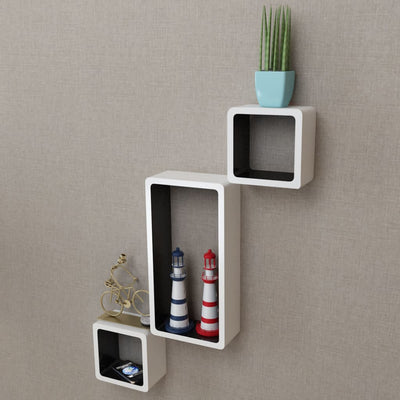 3 White-black MDF Floating Wall Display Shelf Cubes Book/DVD Storage