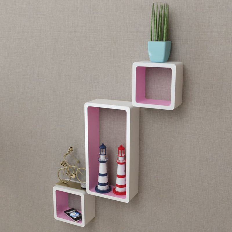 3 White-pink MDF Floating Wall Display Shelf Cubes Book/DVD Storage