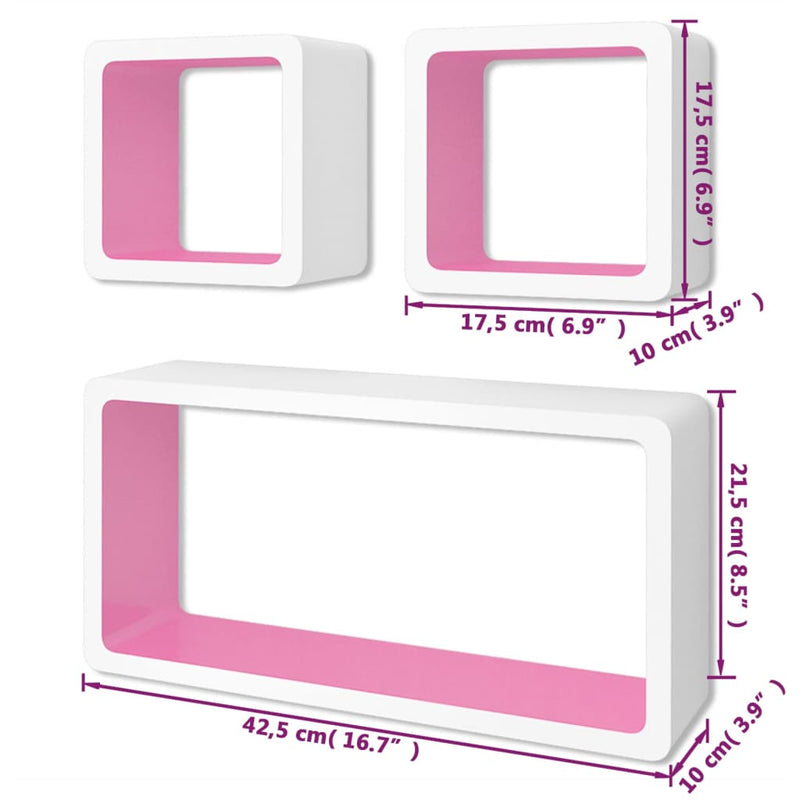 3 White-pink MDF Floating Wall Display Shelf Cubes Book/DVD Storage