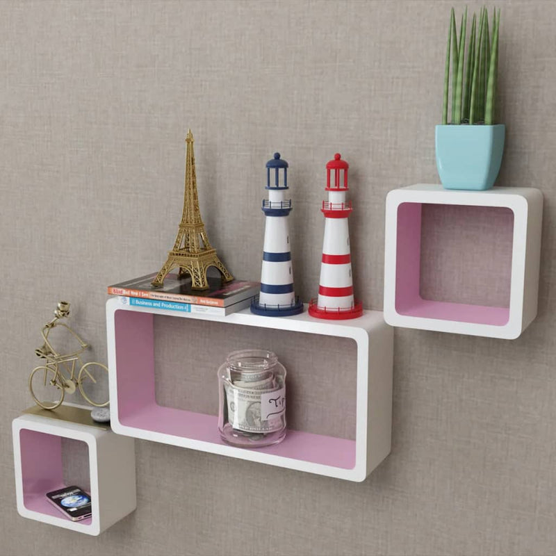 3 White-pink MDF Floating Wall Display Shelf Cubes Book/DVD Storage