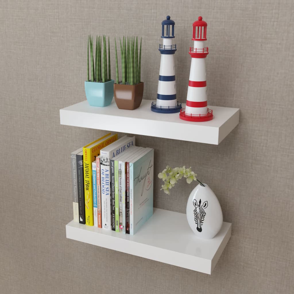 vidaXL 2 White MDF Floating Wall Display Shelves Book/DVD Storage 1