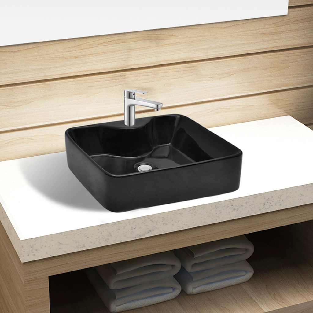 Ceramic Bathroom Sink Basin with Faucet Hole Black Square 1