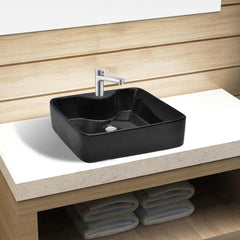 Ceramic Bathroom Sink Basin with Faucet Hole Black Square 1