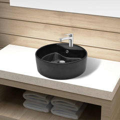 Ceramic Bathroom Sink Basin Faucet/Overflow Hole Black Round 1