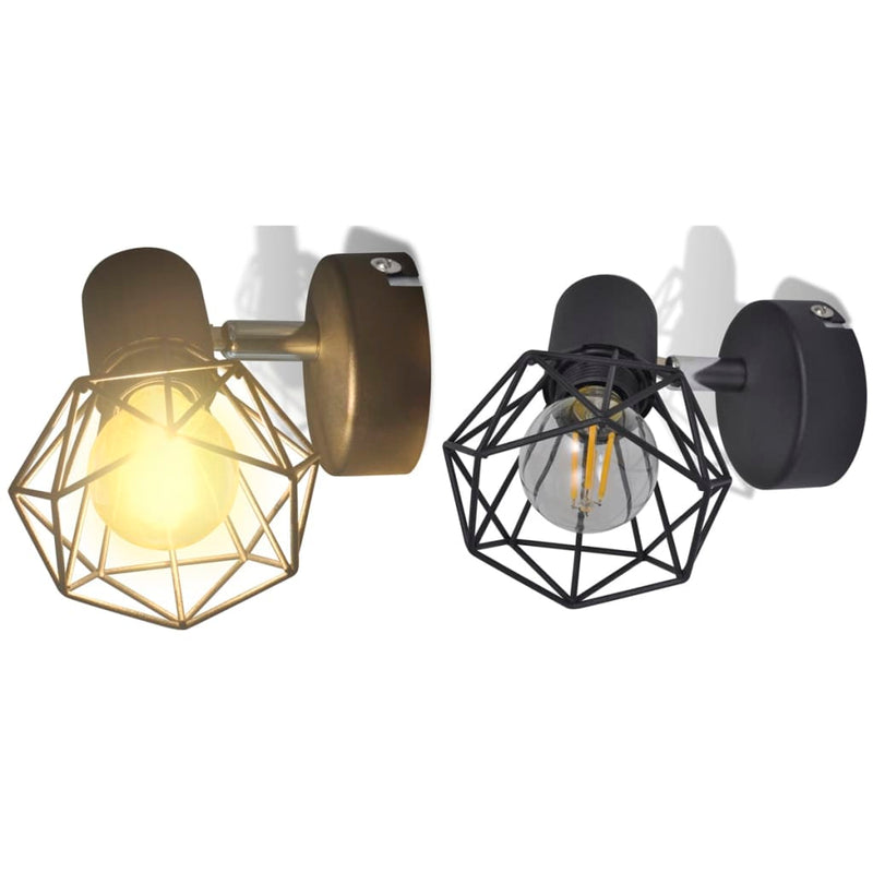 2 Black Industrial Style Wire Frame Wall Sconce with LED Filament Bulb