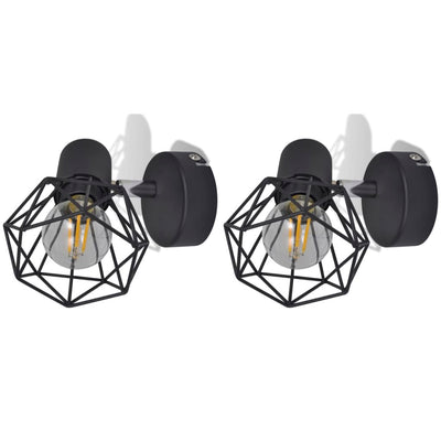 2 Black Industrial Style Wire Frame Wall Sconce with LED Filament Bulb